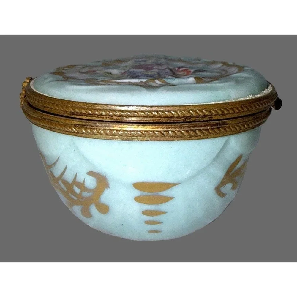Antique Sevres Style Porcelain Mandolin Trinket Box Hand Paint Hinged Snuff Pill